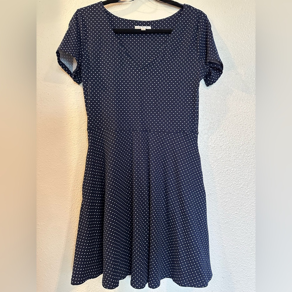 Navy Blue Polka Dotted Sailor Rockabilly Dress w/Pockets